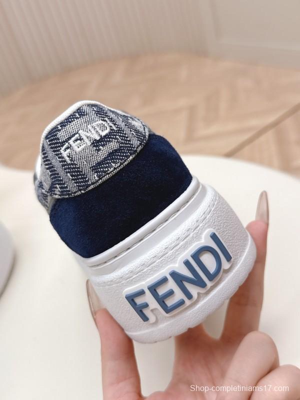 2025 Women Fendi Navy Grey Leather Canvas Sneakers LY00340