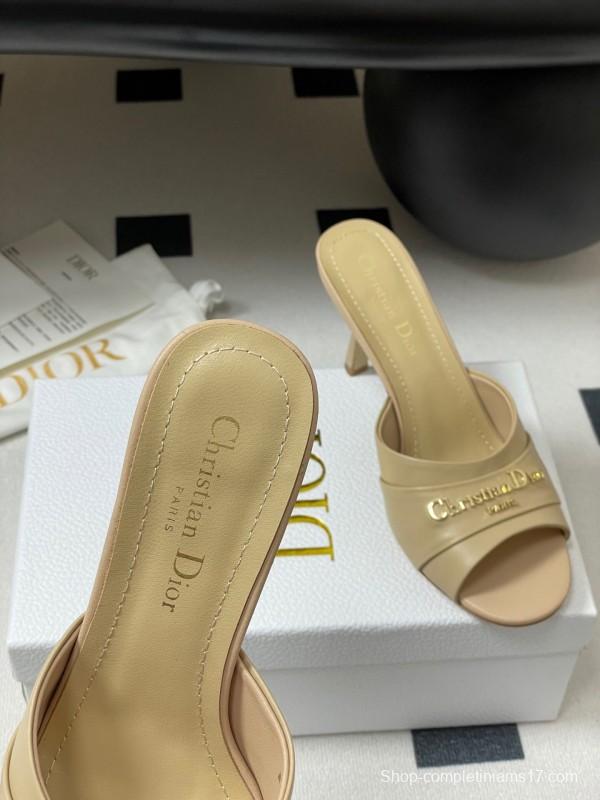 2025 Women Dior Beige Leather Heeled Slippers Christian Dior Logo