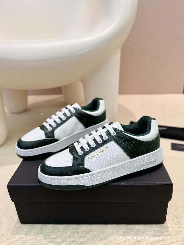 2024 Unisex Yves Saint Laurent White Dark Green Leather Silk Cowhide SL61 Casual Shoes Perforation MJ00350