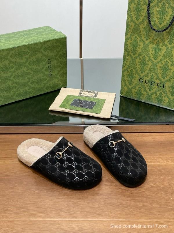 2024 Slippers Gucci Black Shearling GG Pattern