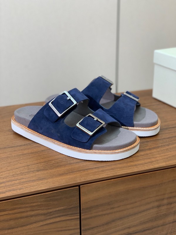 2025 Unisex Brunello Cucinelli Blue Suede Leather Slippers KFY00250