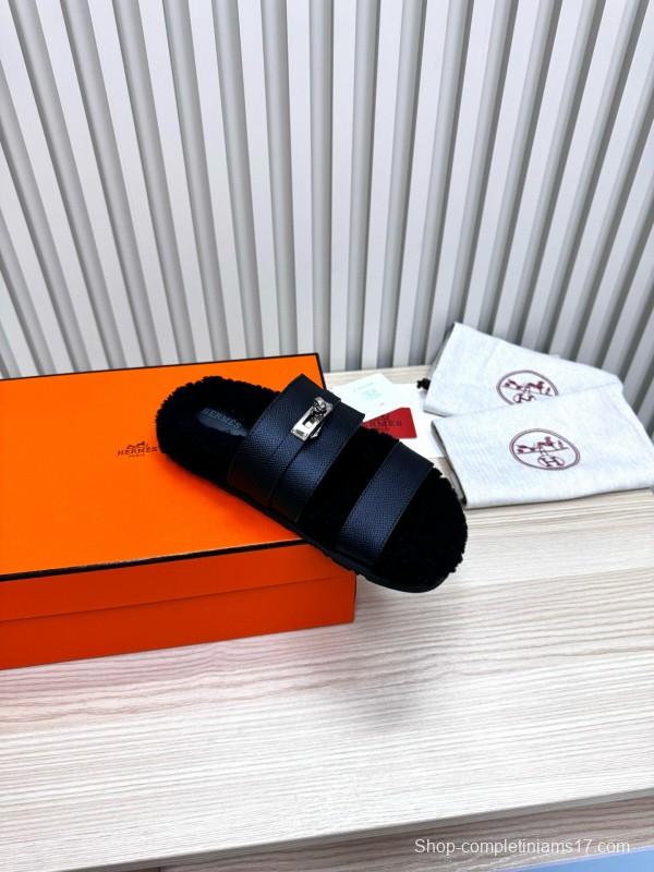 2024 Women Hermès Black Leather Shearling Slippers