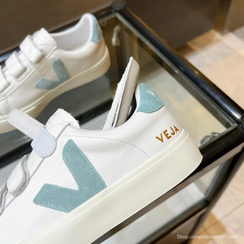 2025 Women VEJA White Blue Leather Canvas Vulcanized Sneakers MJ00240
