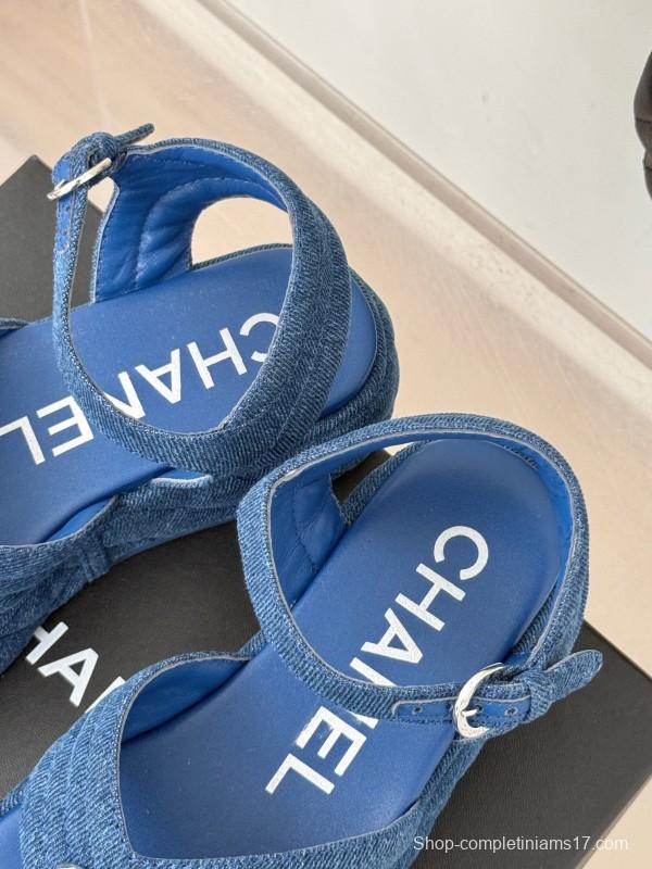 2025 Women Chanel Blue Denim Leather Platform Sandals KFY00260