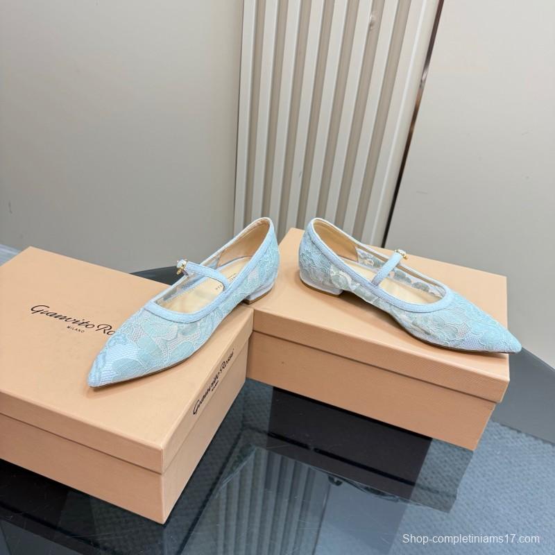 2025 Women Gianvito Rossi Light Blue Lace Leather Mary Jane KFY00260