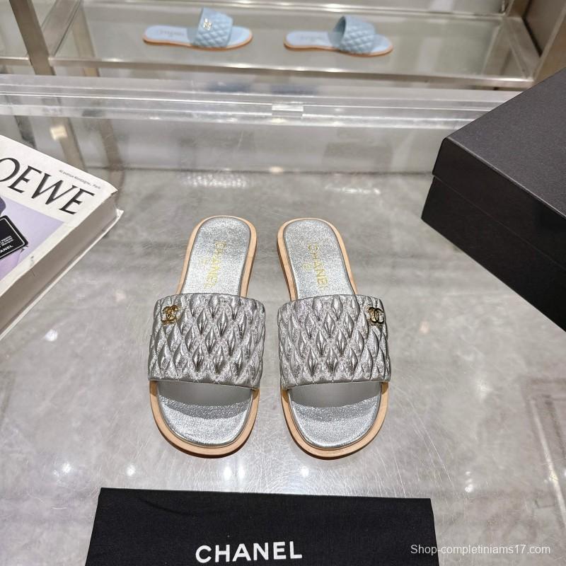 2025 Slippers Chanel Silver Leather Slippers