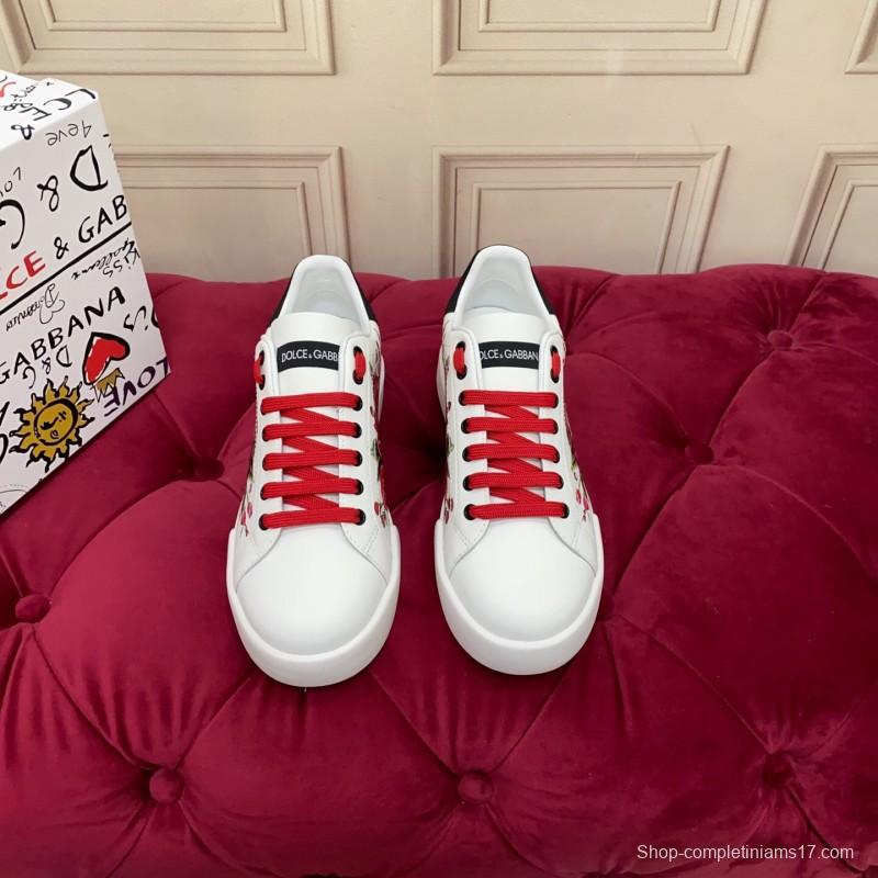 2025 Women Dolce & Gabbana White Red Leather Sneakers Floral LY00300