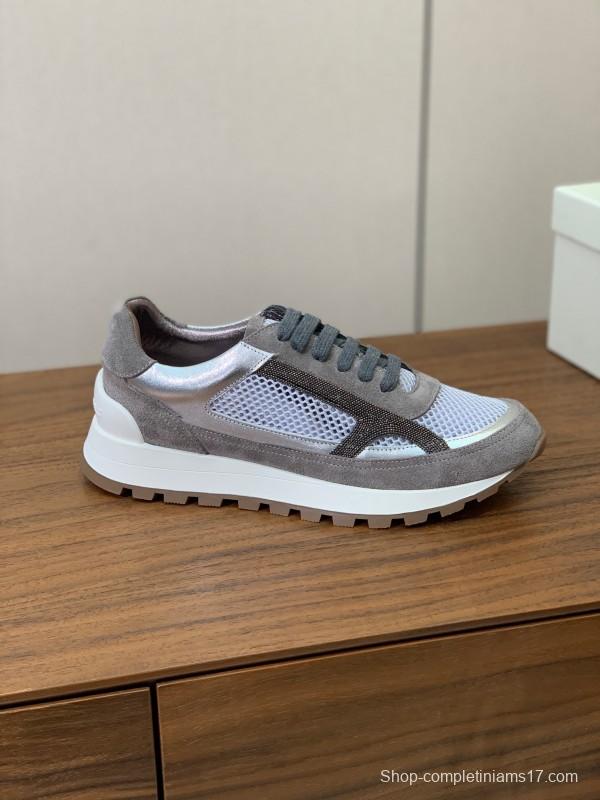 2025 Unisex Brunello Cucinelli Grey White Suede Mesh Leather Sneakers Handcrafted Beaded Chain KFY00310