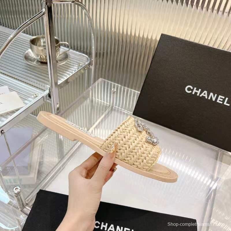 2025 Women Chanel Beige Raffia Crystal Slippers LY00270