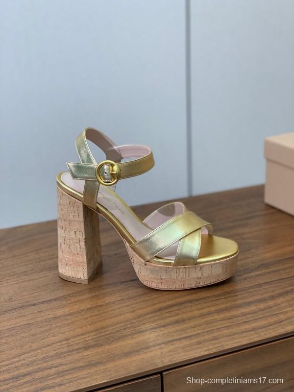 2025 Women Gianvito Rossi Gold Leather Platform Sandals KFY00320