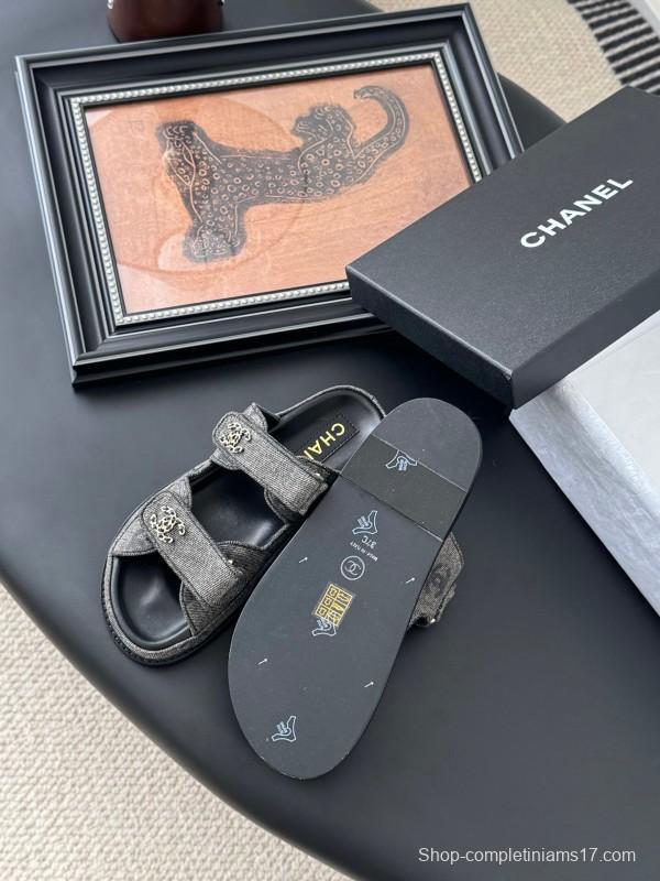 2025 Women Chanel Grey Fabric Leather Sandals Magic Tape LY00310