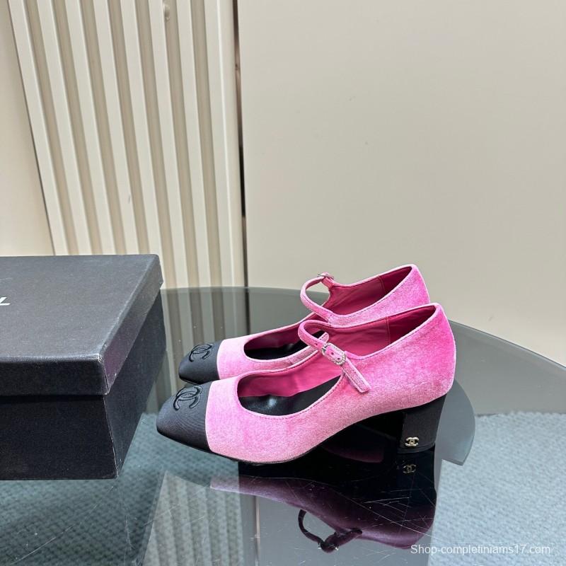 2025 Women Chanel Pink Black Velvet Mary Jane Shoes