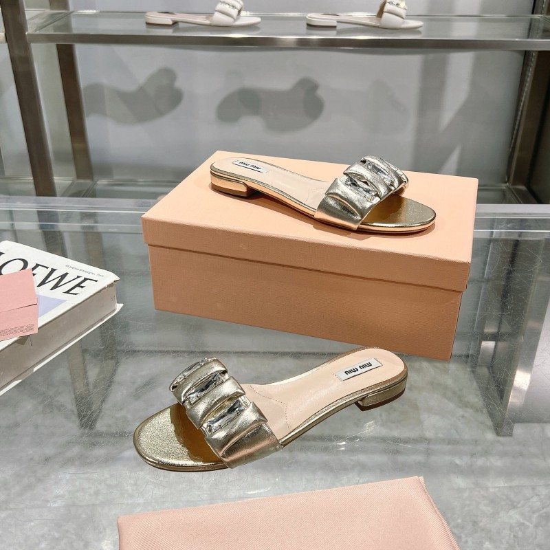 2025 Women Miumiu Metallic Leather Slippers