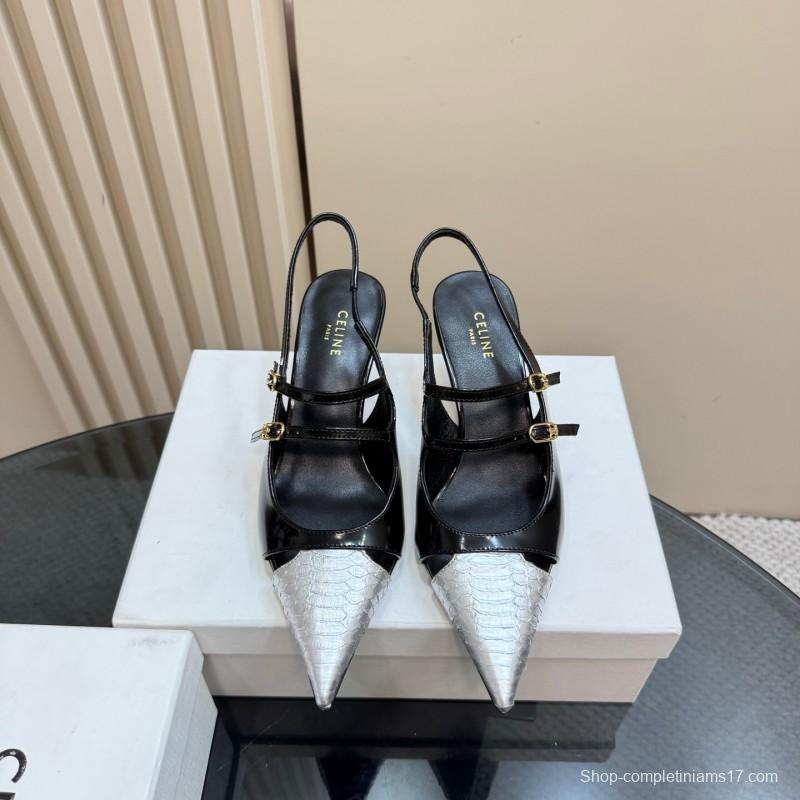 2025 Women Celine Black White Leather Pointed Toe Kitten Heel KFY00310