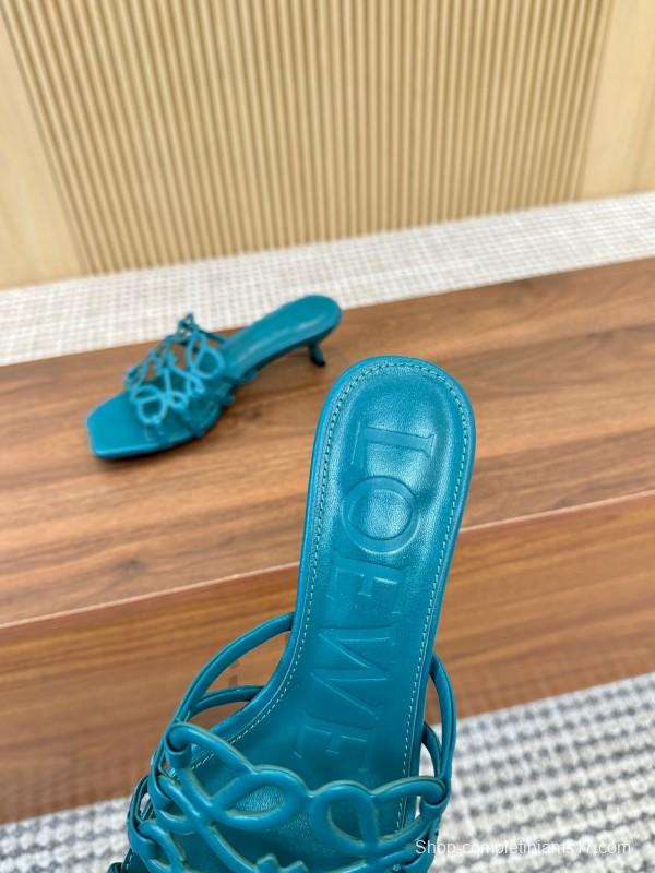 2025 Women Loewe Turquoise Leather Heeled Sandals LY00250