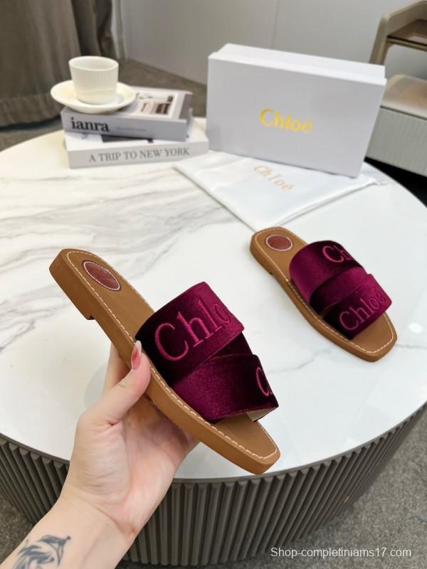 2025 Women Chloé Purple Velvet Slippers LY00200