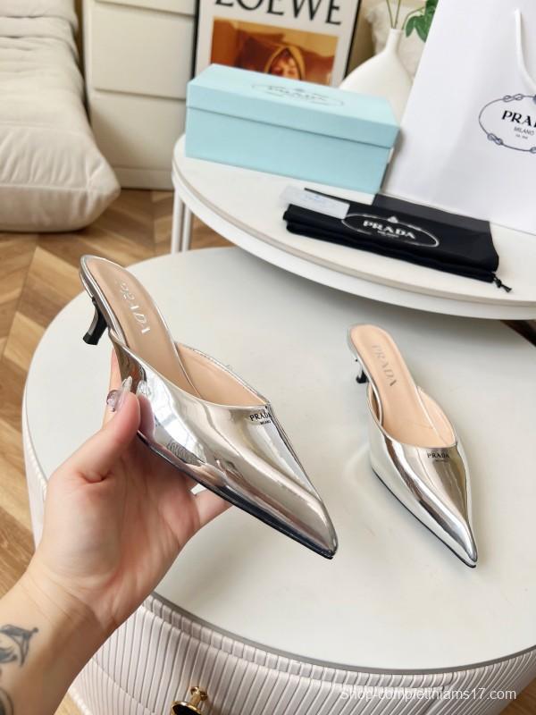 2025 Women Prada Silver Patent Leather Mules