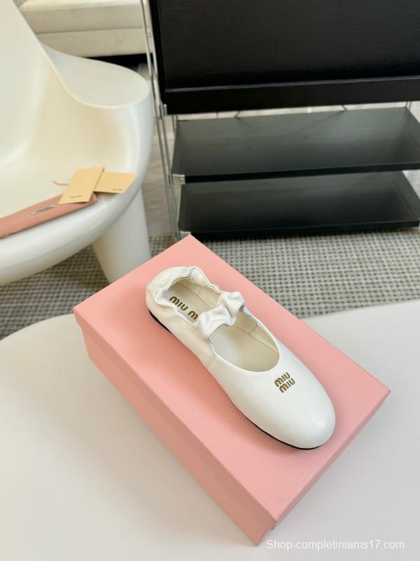 2025 Women Miu Miu White Leather Ballet Flats