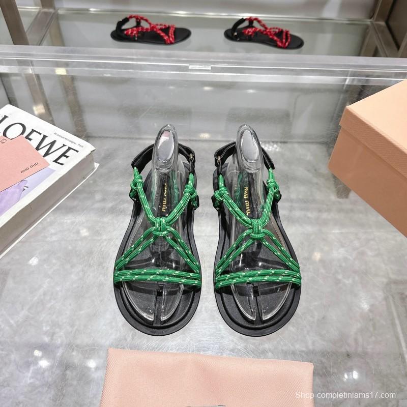 2025 Women Miu Miu Green Black Rope Leather Sandals