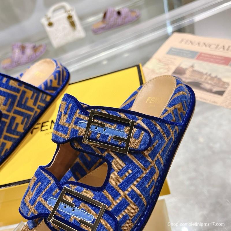 2025 Fendi Blue Fabric Leather Slippers MJ00230