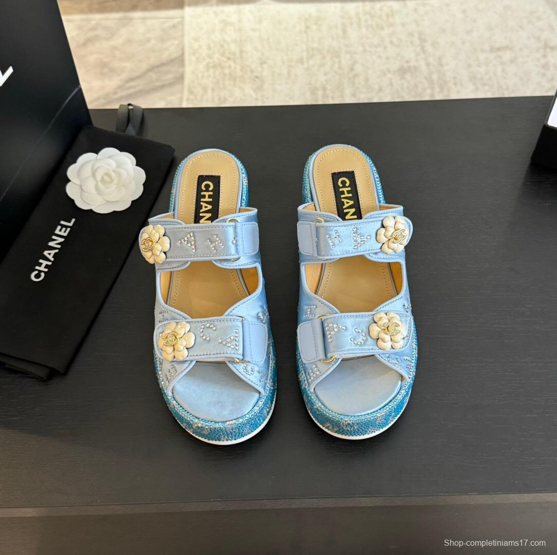 2025 Women Chanel Blue Denim Leather Platform Slippers LY00330