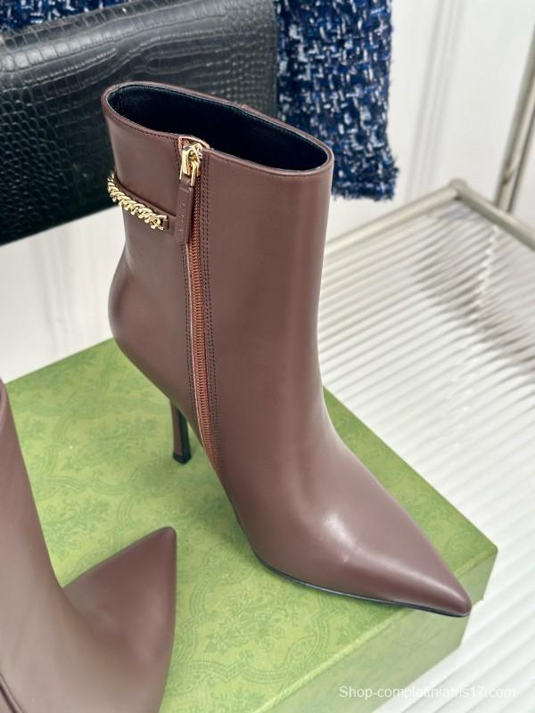 2024 Women Gucci brown calf leather ankle boots chain MJ00410