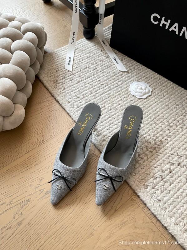 2025 Women Chanel Grey Fabric Pointed Toe Mules KFY00290