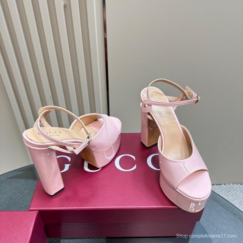 2025 Women Gucci Pink Patent Leather Platform Sandals