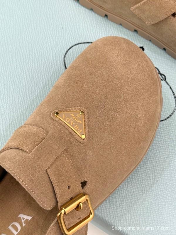 2025 Women Prada Beige Suede Clogs Buckle KFY00280