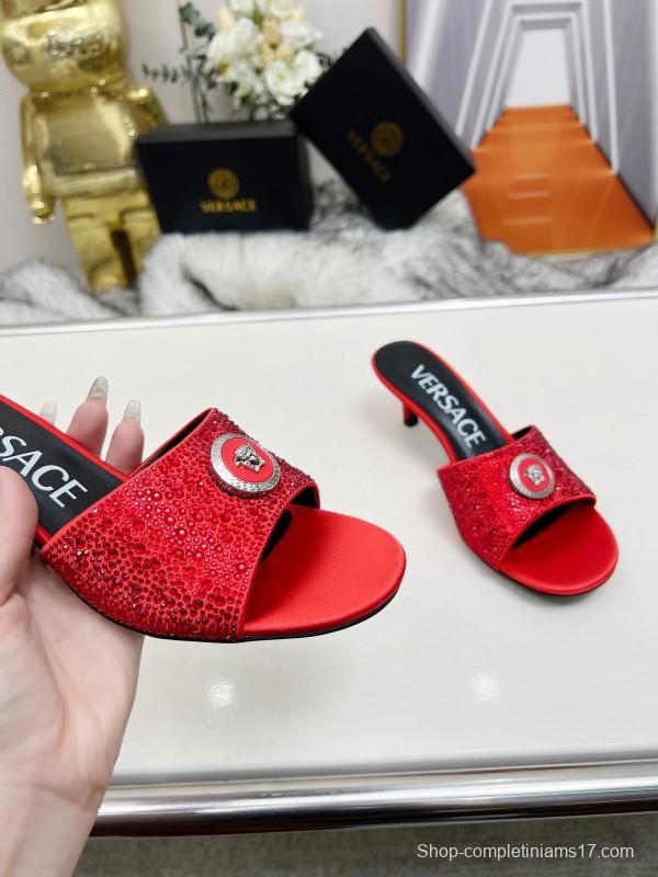 2025 Women VERSACE Red Silk Rhinestone Kitten Heel MJ00230