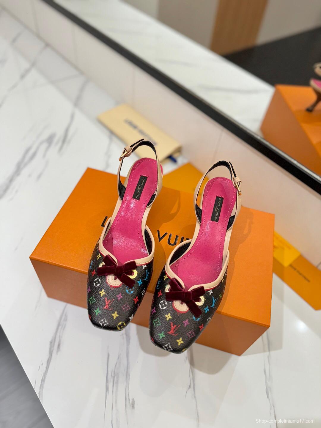 2025 Women Louis Vuitton Multicolor Black Leather Slingback Kitten Heel KFY00310