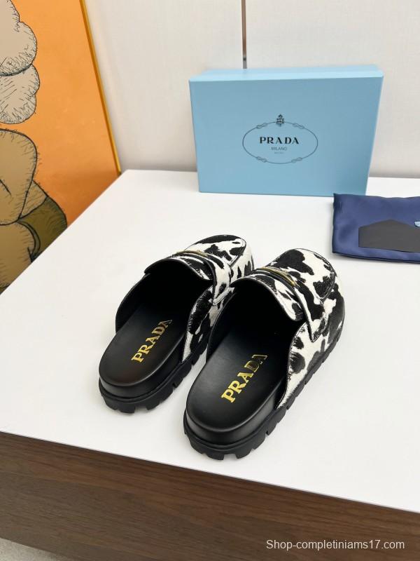 2025 Women Prada Black White Calf Hair Slippers LY00270