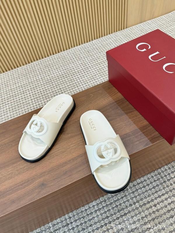 2025 Women Gucci White Leather Slippers GG Logo LY00230