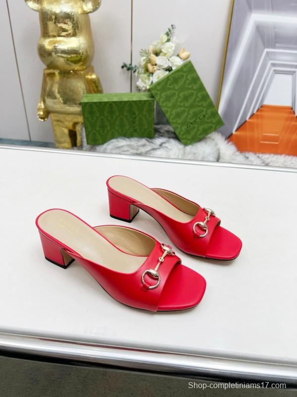 2025 Women Gucci Red Leather Heeled Mules Metal Ornament
