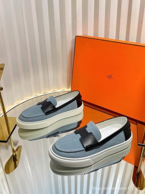 2025 Women Hermès Blue Black Leather Denim Loafers LY00310