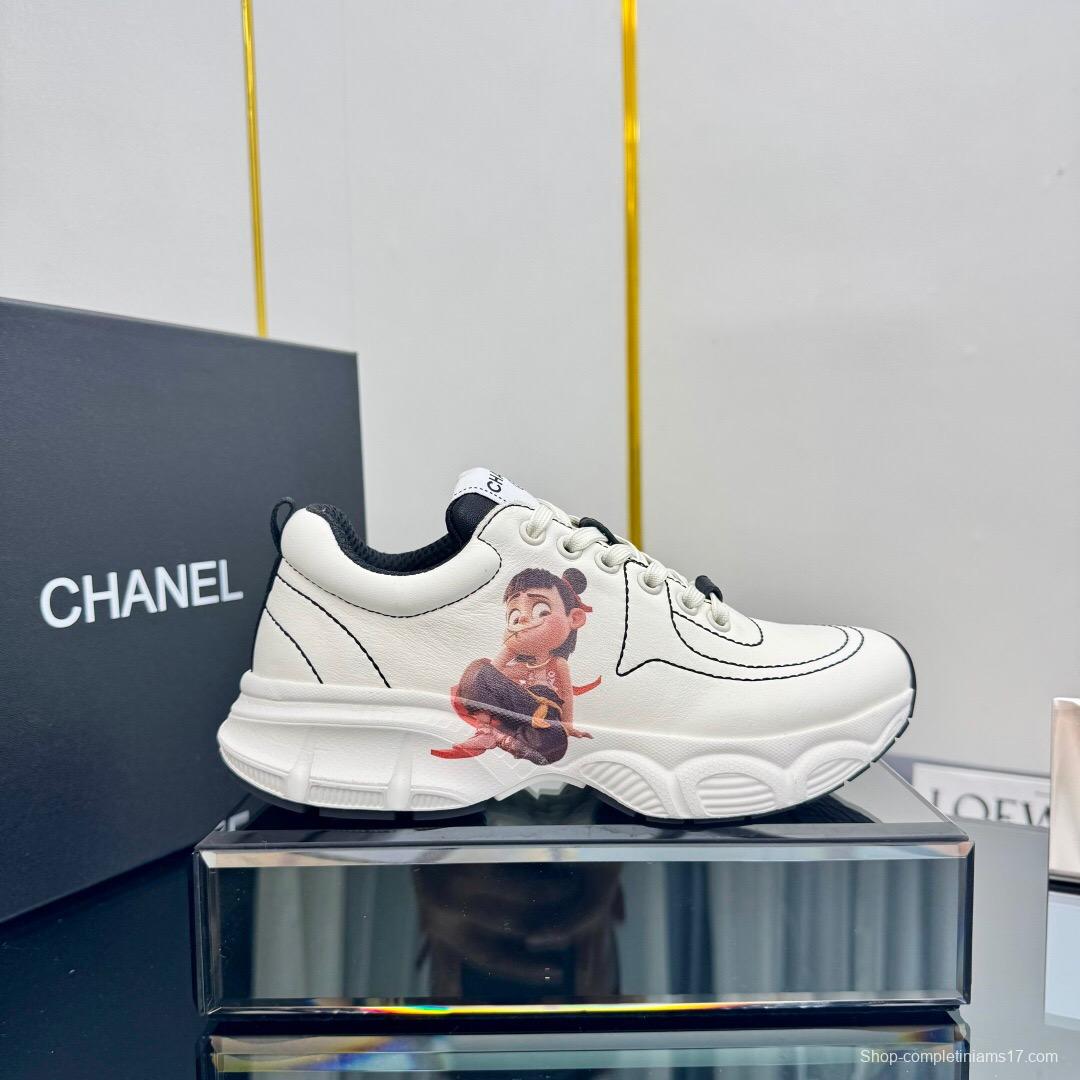 2025 Women Chanel White Leather Sneakers Cartoon Graphic
