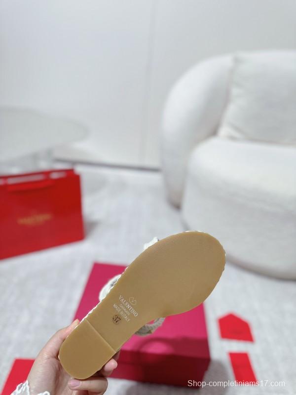 2025 Women Valentino White Leather Wedge Sandals Studs LY00290