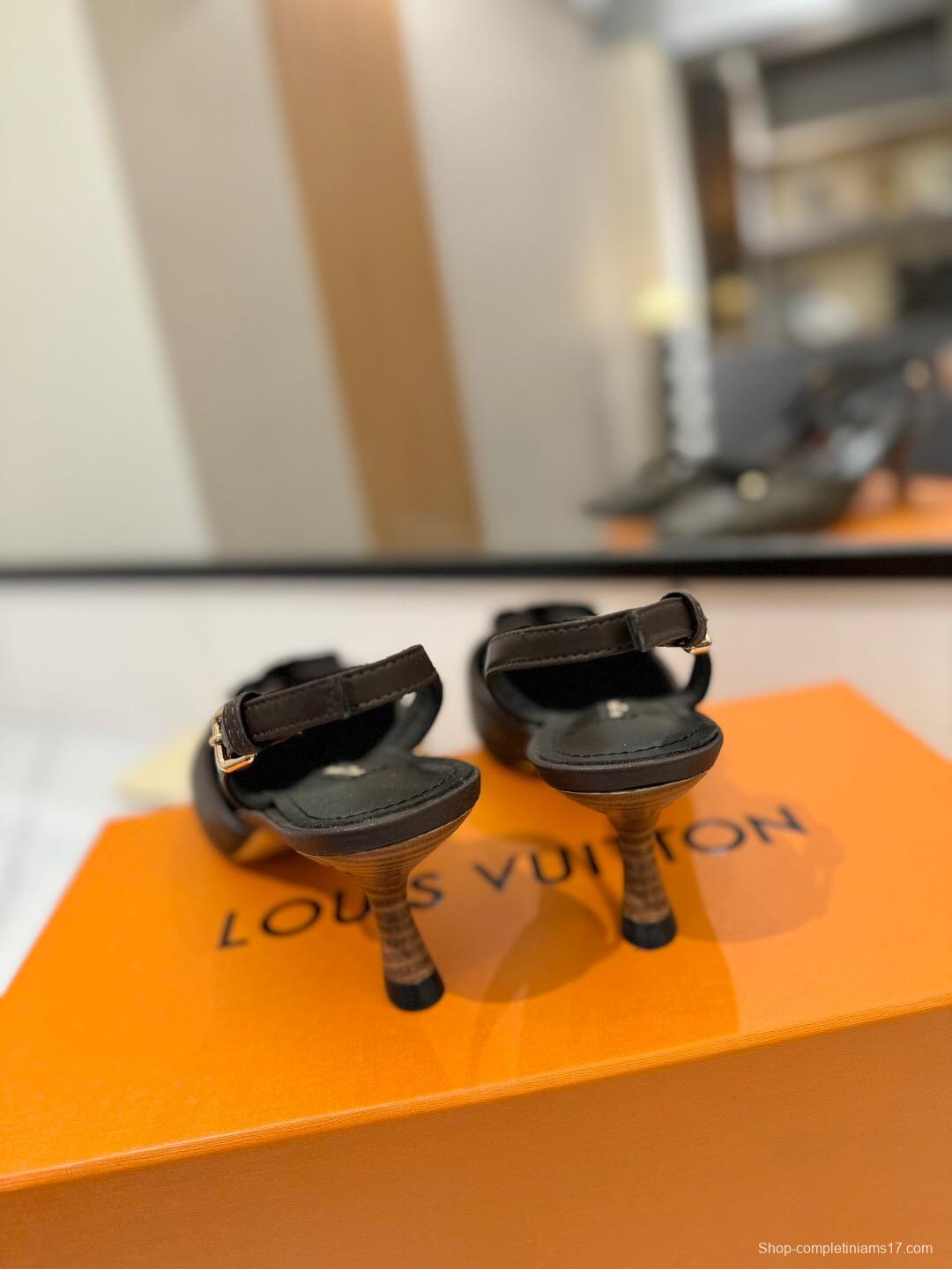 2025 Women Louis Vuitton Brown Monogram Leather Slingback Sandals KFY00310