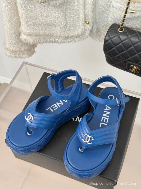 2025 Women Chanel Blue Leather Platform Sandals