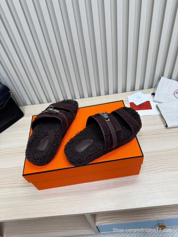 2024 Slippers Hermès Dark Brown Suede Shearling Slippers MJ00300