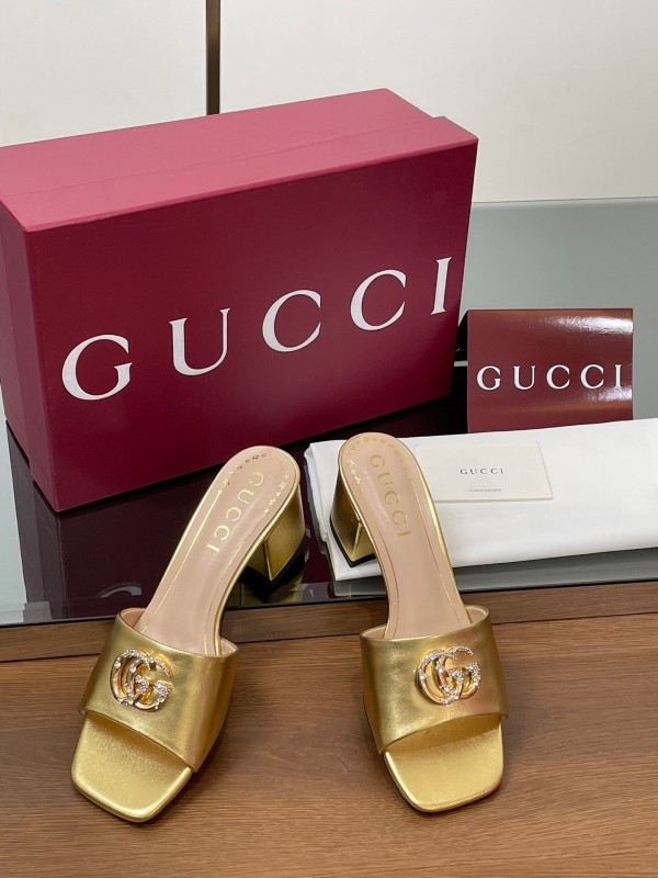 2025 Women Gucci Gold Leather Mules Block Heel