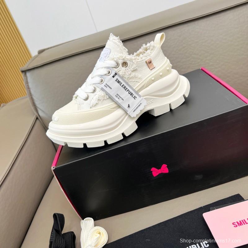 2025 Unisex Smile Republic White Canvas Thick Sole Casual Sneakers Frayed Edge LY00291