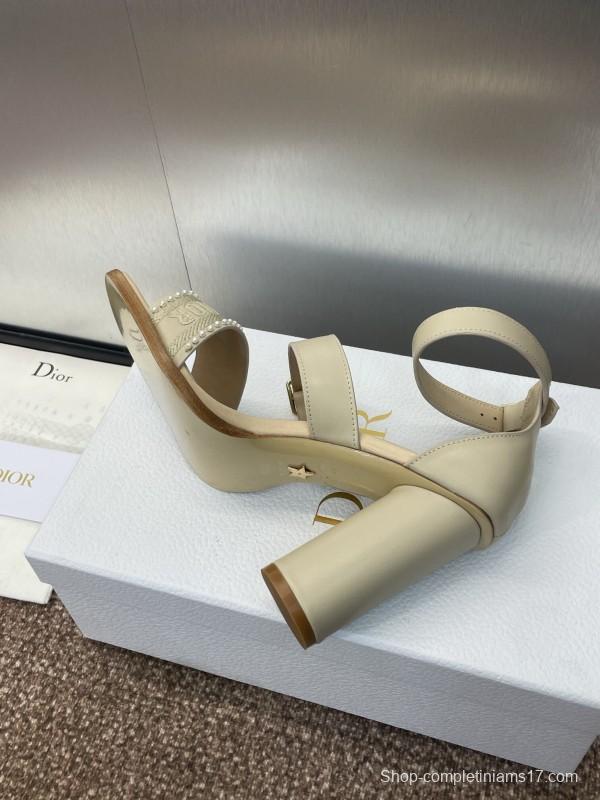 2025 Women Dior Beige Calf Leather Sheepskin Pearl Embroidered High Heel Sandals KFY00320