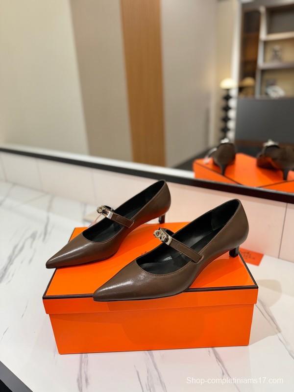 2025 Women Hermès Brown Leather Mary Jane 4cm Heel KFY00330