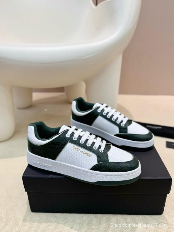 2024 Unisex Yves Saint Laurent White Dark Green Leather Silk Cowhide SL61 Casual Shoes Perforation MJ00350