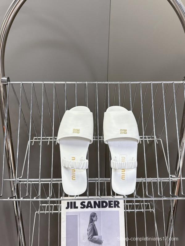 2025 Women Miu Miu White Leather Slippers LY00