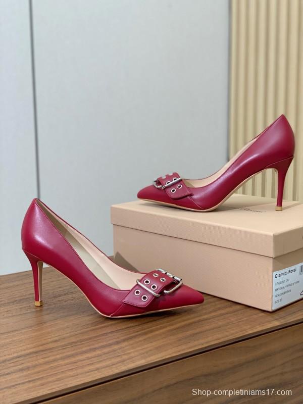 2025 Women Gianvito Rossi Red Leather Heels Buckle KFY00300