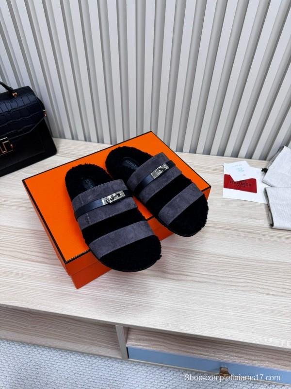 2024 Slippers Hermès Black Grey Shearling Slippers MJ00300