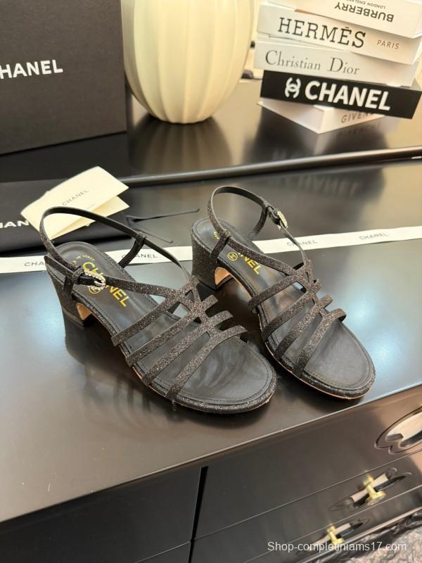 2025 Women Chanel Black Leather Sandals KFY00289