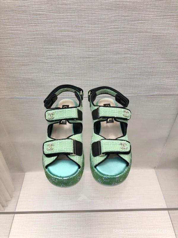 2025 Slippers Chanel Mint Green Textile Platform Sandals LY00330